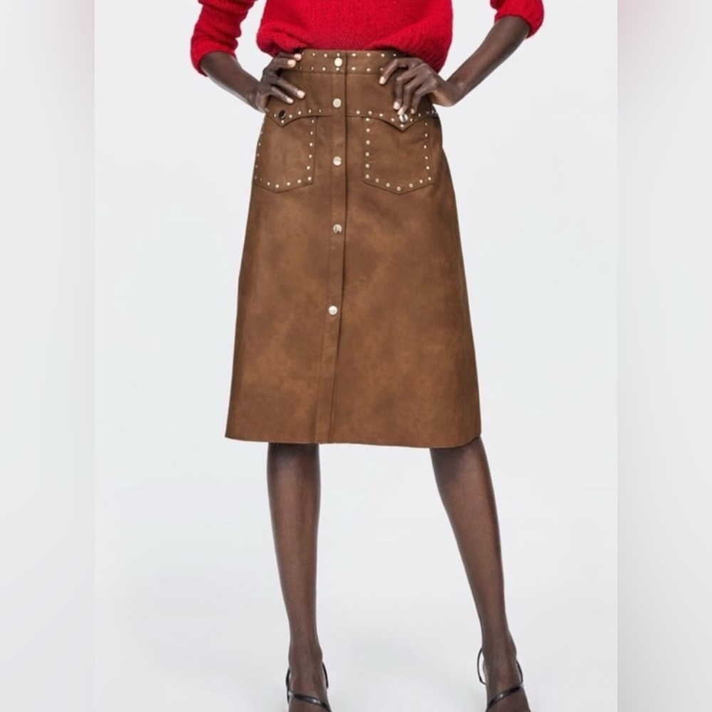 Zara Tan Faux Leather Front and Waist Gold Studded Midi Skirt with Front Studs